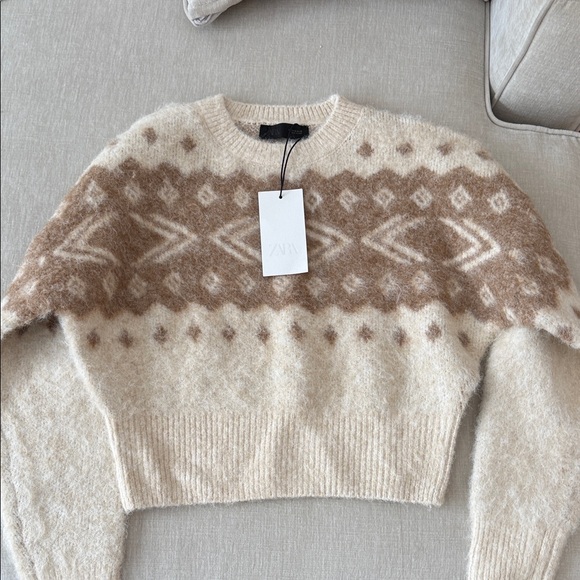 Zara Sweaters - Zara Women's Beige and Brown Patterned Sweater